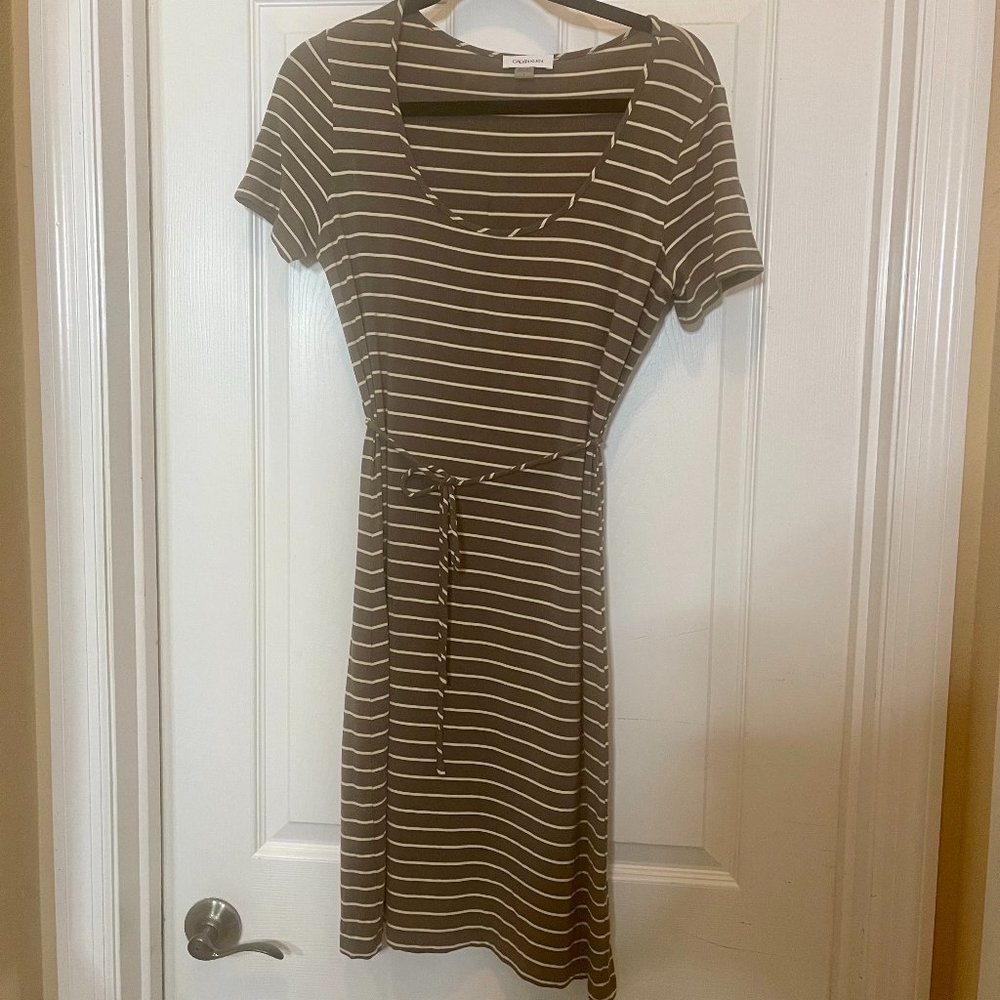 Calvin Klein Olive Green Stripe Short Sleeve Tee Shirt Dress Sz 8